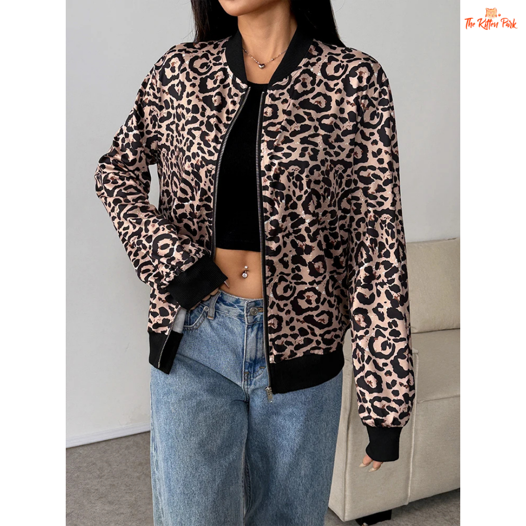 A chic leopard print zipper hoodie for women featuring a V-neck, loose fit, and soft knitted fabric, perfect for party and autumn streetwear looks.