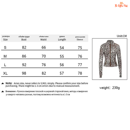 Size chart and product image of a leopard print jacket with measurement details on a white background.