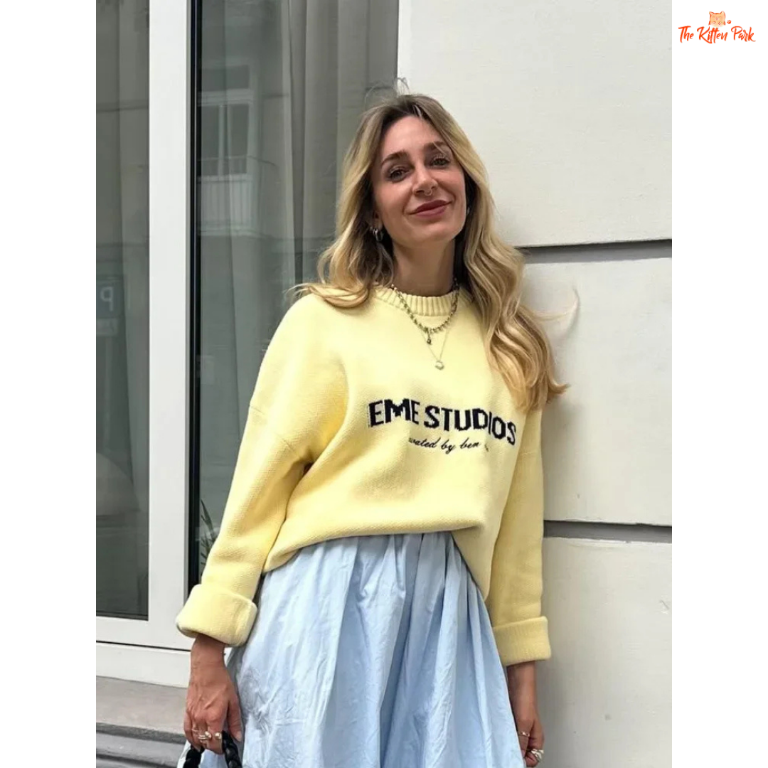 Letter Print Knit Pullover for women, lightweight fine yarn loose sweater with O-neck and letter pattern, casual autumn winter wear.