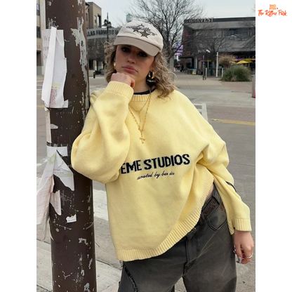 Letter Print Knit Pullover for women, lightweight fine yarn loose sweater with O-neck and letter pattern, casual autumn winter wear.