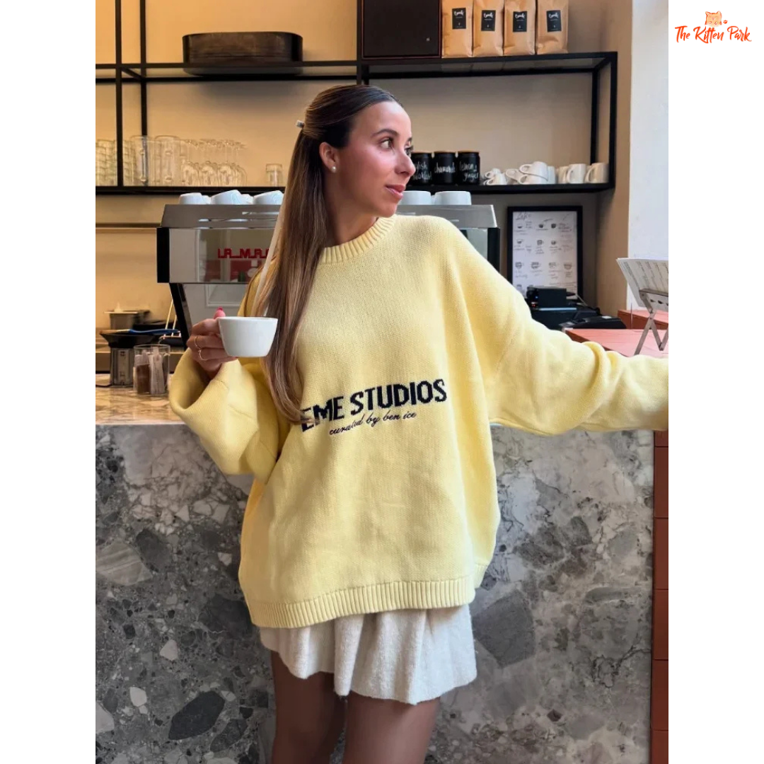 Letter Print Knit Pullover for women, lightweight fine yarn loose sweater with O-neck and letter pattern, casual autumn winter wear.