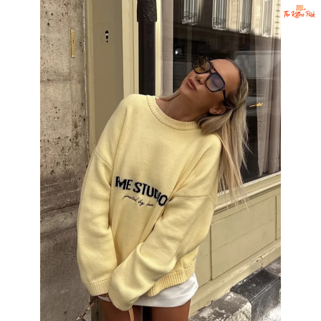 Letter Print Knit Pullover for women, lightweight fine yarn loose sweater with O-neck and letter pattern, casual autumn winter wear.