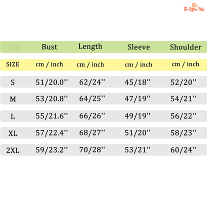 Size chart for clothing with measurements in centimeters and inches.