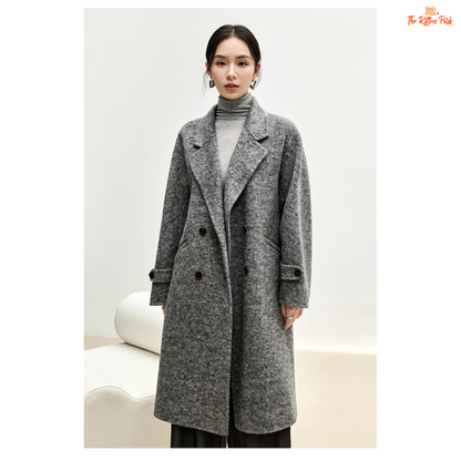 Women’s long woolen winter coat with double-breasted design, turn-down collar, button details, and thick wool blend.