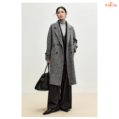 Women’s long woolen winter coat with double-breasted design, turn-down collar, button details, and thick wool blend.