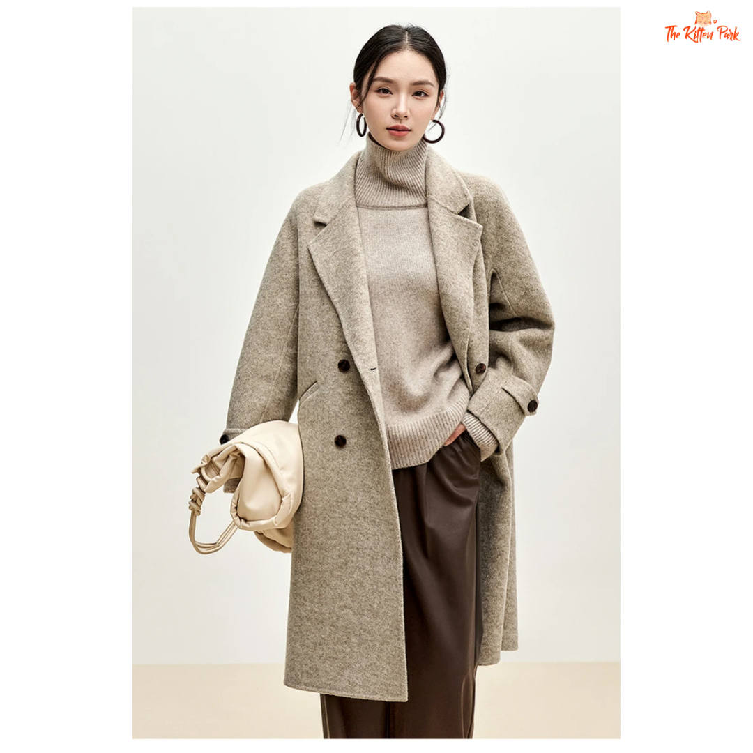 Women’s long woolen winter coat with double-breasted design, turn-down collar, button details, and thick wool blend.