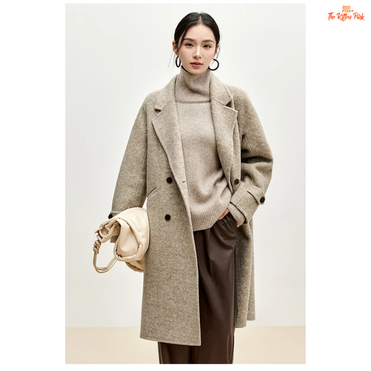 Women’s long woolen winter coat with double-breasted design, turn-down collar, button details, and thick wool blend.