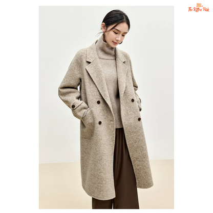 Women’s long woolen winter coat with double-breasted design, turn-down collar, button details, and thick wool blend.