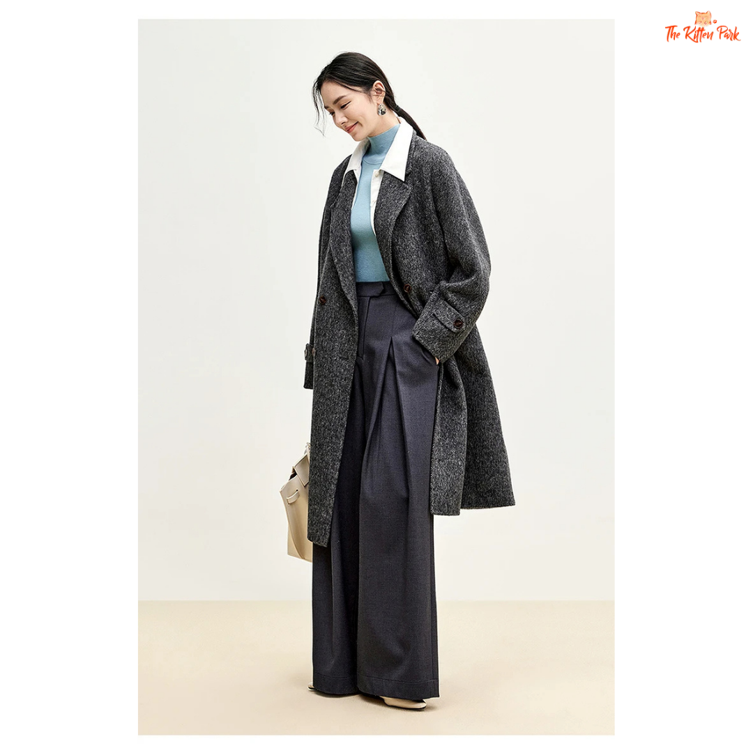 Women’s long woolen winter coat with double-breasted design, turn-down collar, button details, and thick wool blend.