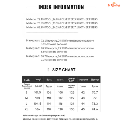 Women’s long woolen winter coat with double-breasted design, turn-down collar, button details, and thick wool blend.