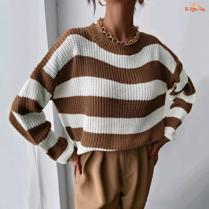 Loose striped long-sleeve knit sweater for women with casual O-neck design, featuring soft knit texture and relaxed fit for autumn and winter wear.