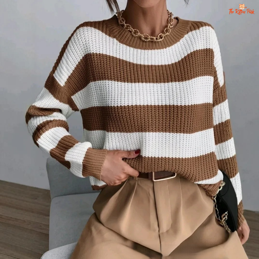 Loose striped long-sleeve knit sweater for women with casual O-neck design, featuring soft knit texture and relaxed fit for autumn and winter wear.