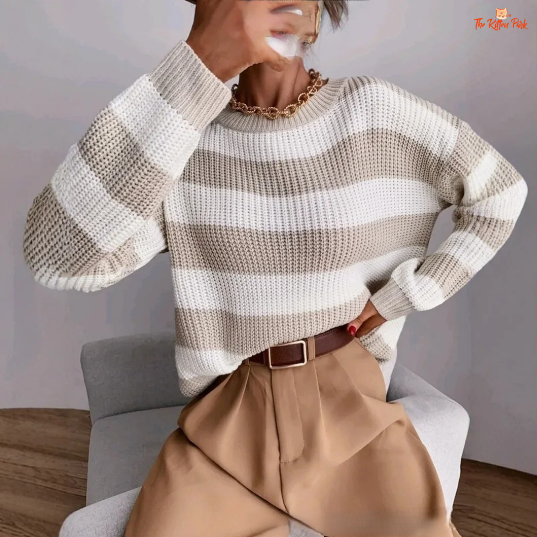 Loose striped long-sleeve knit sweater for women with casual O-neck design, featuring soft knit texture and relaxed fit for autumn and winter wear.
