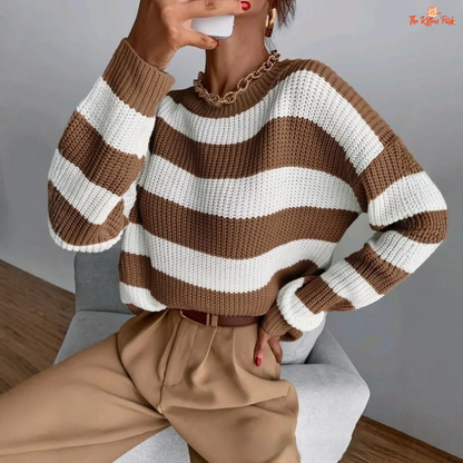 Loose striped long-sleeve knit sweater for women with casual O-neck design, featuring soft knit texture and relaxed fit for autumn and winter wear.