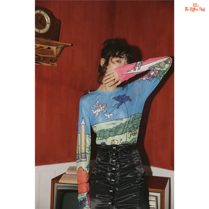 Women's slim-fit sheer mesh top with long sleeves and artistic hand-painted design, ideal for stylish layering in all-season streetwear.
