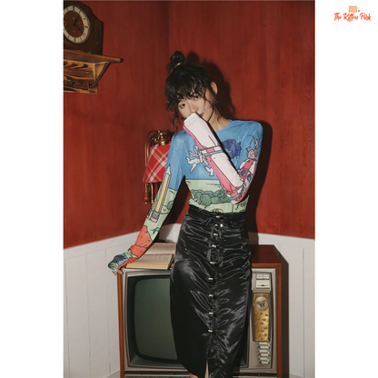 Women's slim-fit sheer mesh top with long sleeves and artistic hand-painted design, ideal for stylish layering in all-season streetwear.