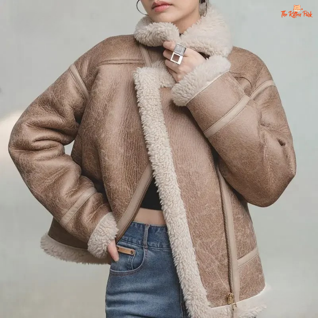 Apricot faux lamb fur leather jacket for women with thick warm lining, turn-down collar, zipper closure, and biker style for autumn and winter.