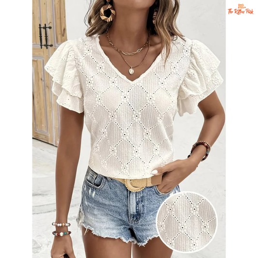 Women's jacquard summer blouse with diamond grid texture, pleated ruffles, and butterfly lotus sleeves for a soft and elegant seasonal style.