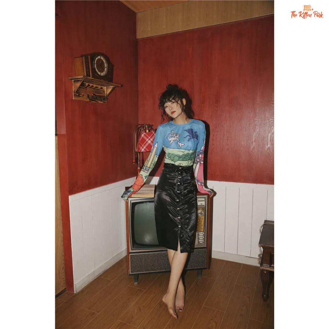 Women's slim-fit sheer mesh top with long sleeves and artistic hand-painted design, ideal for stylish layering in all-season streetwear.