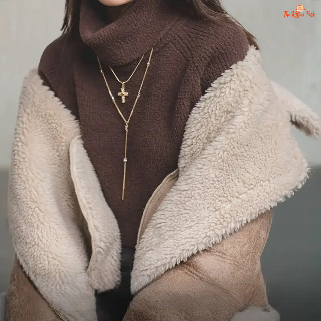 Apricot faux lamb fur leather jacket for women with thick warm lining, turn-down collar, zipper closure, and biker style for autumn and winter.