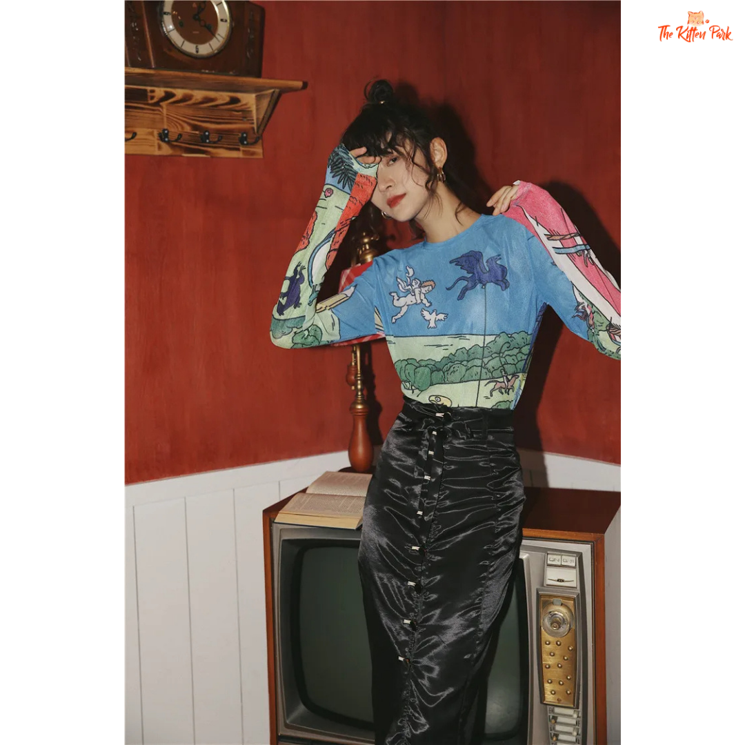 Women's slim-fit sheer mesh top with long sleeves and artistic hand-painted design, ideal for stylish layering in all-season streetwear.