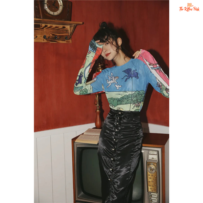 Women's slim-fit sheer mesh top with long sleeves and artistic hand-painted design, ideal for stylish layering in all-season streetwear.