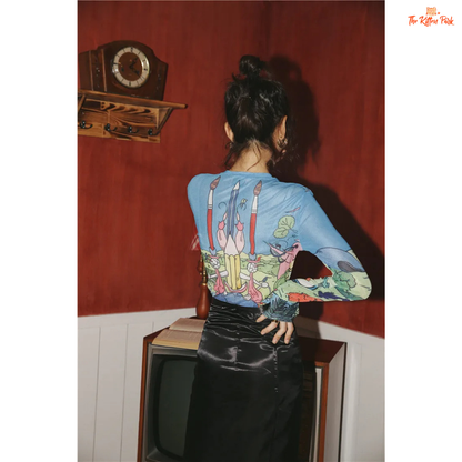 Women's slim-fit sheer mesh top with long sleeves and artistic hand-painted design, ideal for stylish layering in all-season streetwear.