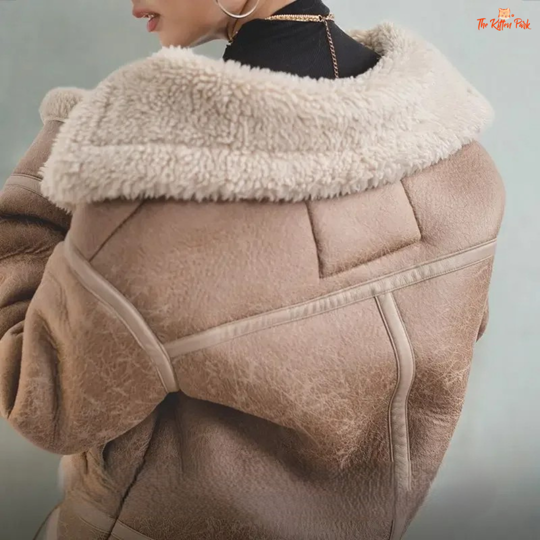 Apricot faux lamb fur leather jacket for women with thick warm lining, turn-down collar, zipper closure, and biker style for autumn and winter.