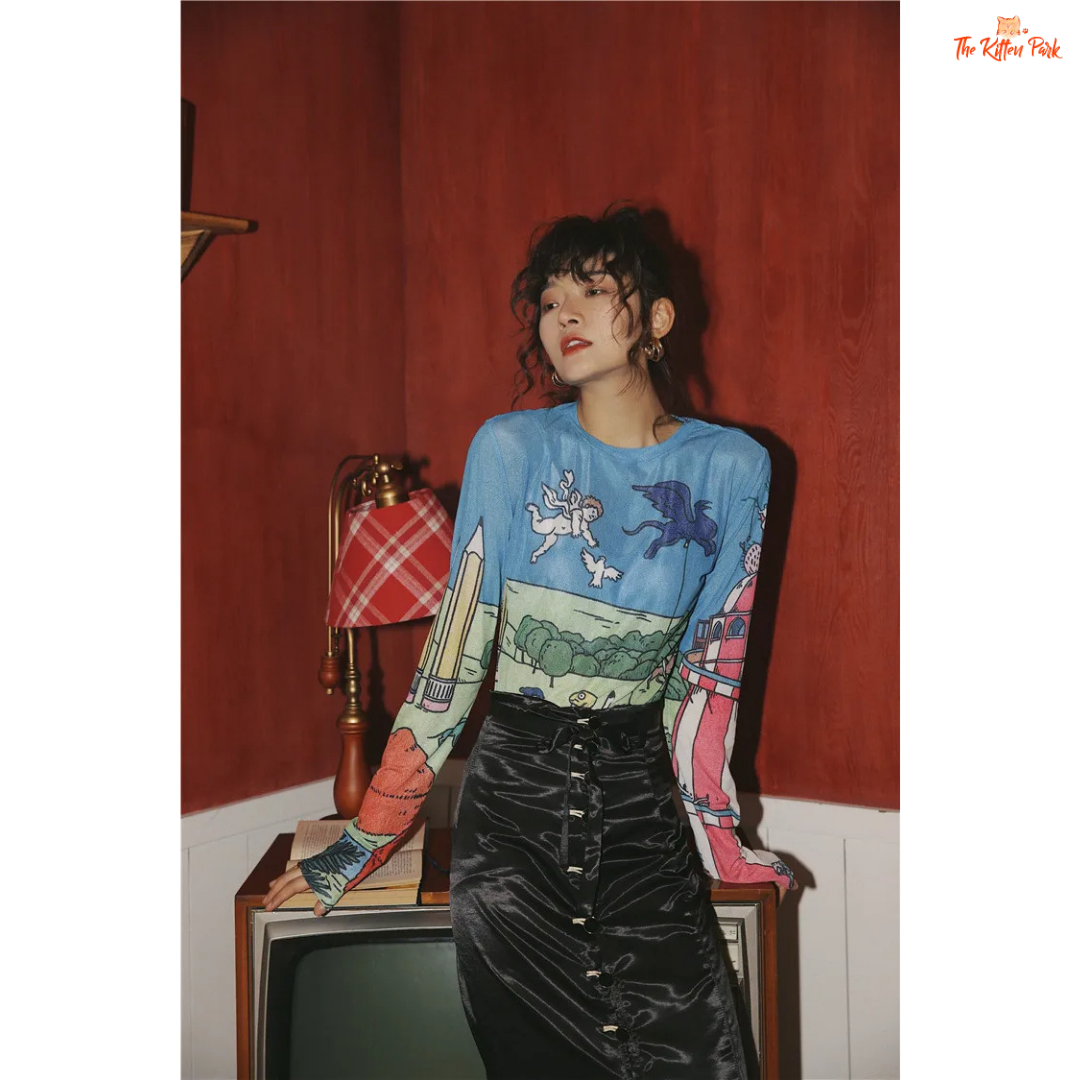 Women's slim-fit sheer mesh top with long sleeves and artistic hand-painted design, ideal for stylish layering in all-season streetwear.