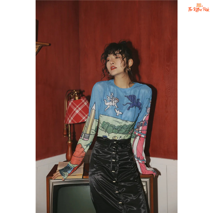 Women's slim-fit sheer mesh top with long sleeves and artistic hand-painted design, ideal for stylish layering in all-season streetwear.