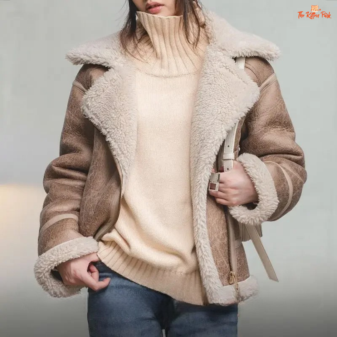 Apricot faux lamb fur leather jacket for women with thick warm lining, turn-down collar, zipper closure, and biker style for autumn and winter.