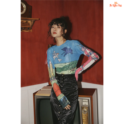 Women's slim-fit sheer mesh top with long sleeves and artistic hand-painted design, ideal for stylish layering in all-season streetwear.