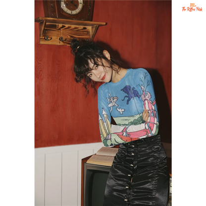 Women's slim-fit sheer mesh top with long sleeves and artistic hand-painted design, ideal for stylish layering in all-season streetwear.