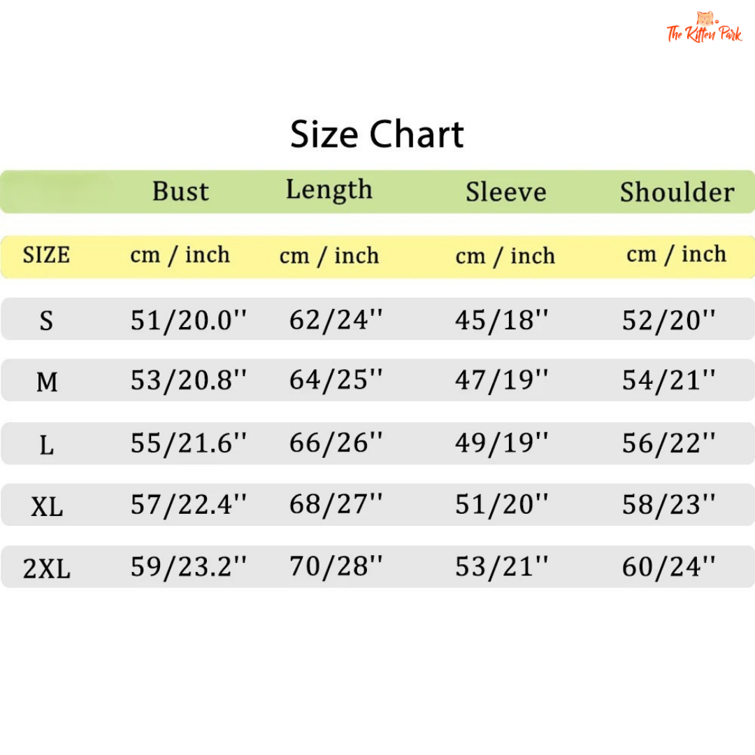 Size chart for clothing with measurements in centimeters and inches.