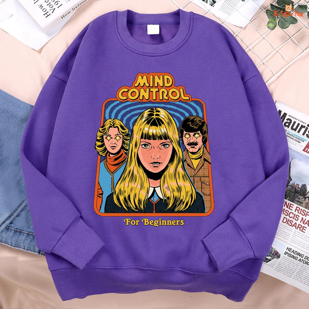 Mind Control Comics Women's Hip Hop Fleece Sweatshirt with cartoon print, loose fit, O-neck, and cozy fleece for autumn and winter streetwear.