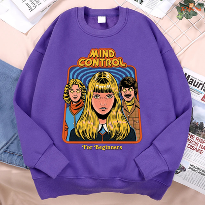 Mind Control Comics Women's Hip Hop Fleece Sweatshirt with cartoon print, loose fit, O-neck, and cozy fleece for autumn and winter streetwear.