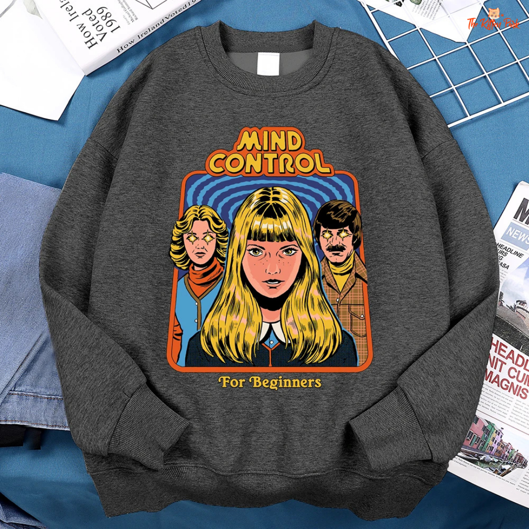 Mind Control Comics Women's Hip Hop Fleece Sweatshirt with cartoon print, loose fit, O-neck, and cozy fleece for autumn and winter streetwear.