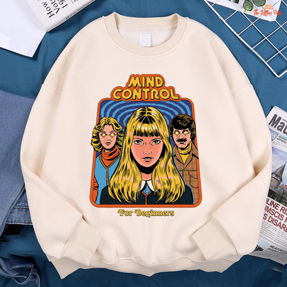 Mind Control Comics Women's Hip Hop Fleece Sweatshirt with cartoon print, loose fit, O-neck, and cozy fleece for autumn and winter streetwear.