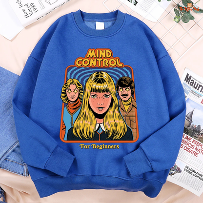 Mind Control Comics Women's Hip Hop Fleece Sweatshirt with cartoon print, loose fit, O-neck, and cozy fleece for autumn and winter streetwear.