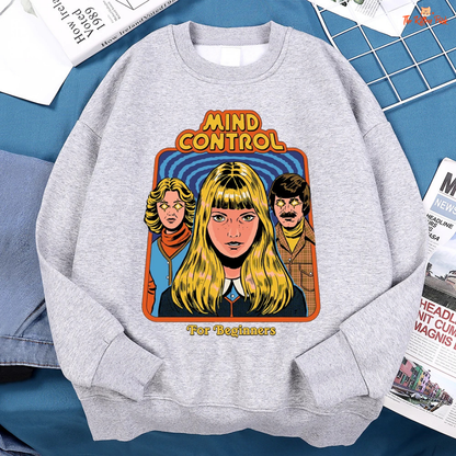 Mind Control Comics Women's Hip Hop Fleece Sweatshirt with cartoon print, loose fit, O-neck, and cozy fleece for autumn and winter streetwear.
