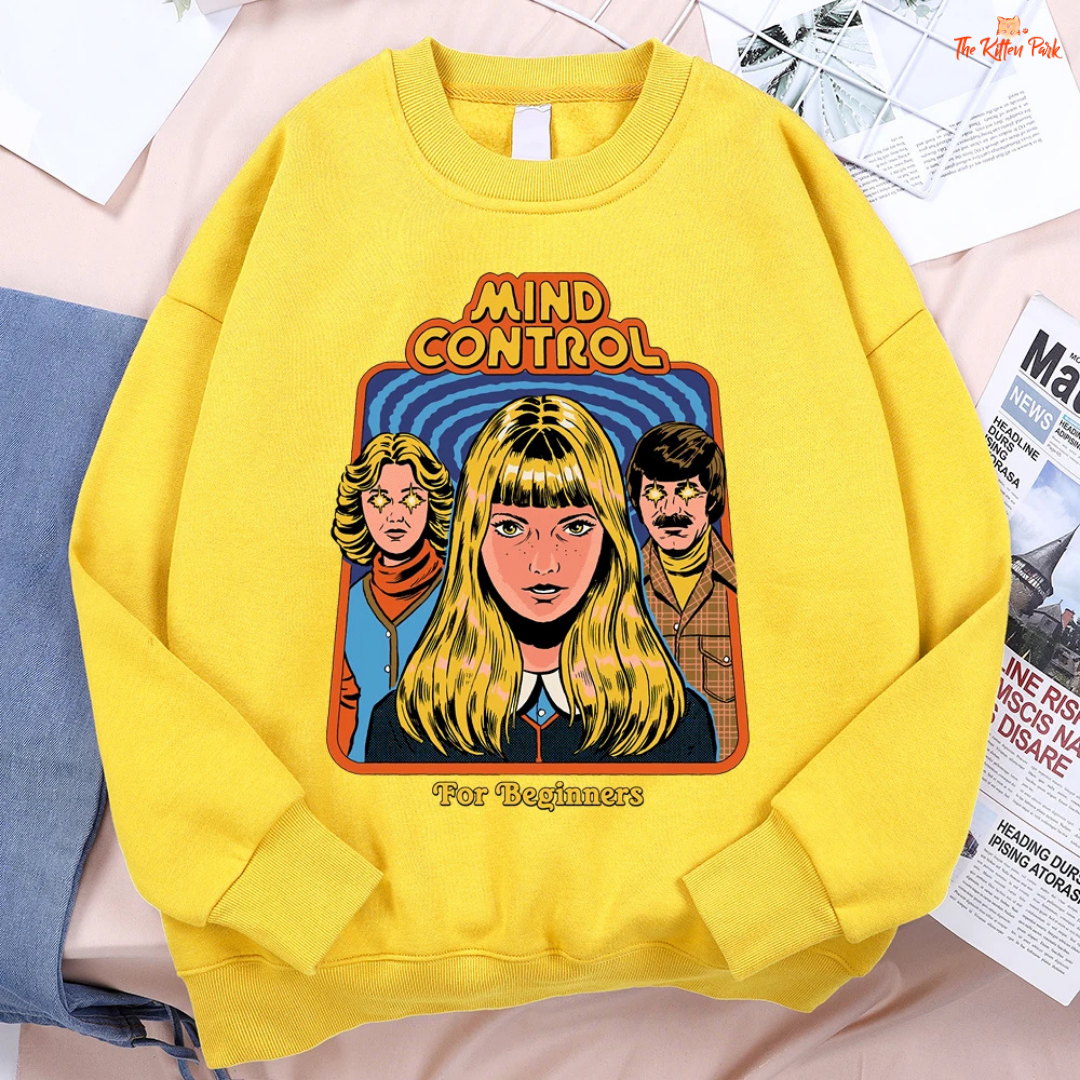 Mind Control Comics Women's Hip Hop Fleece Sweatshirt with cartoon print, loose fit, O-neck, and cozy fleece for autumn and winter streetwear.