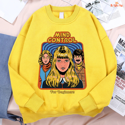 Mind Control Comics Women's Hip Hop Fleece Sweatshirt with cartoon print, loose fit, O-neck, and cozy fleece for autumn and winter streetwear.