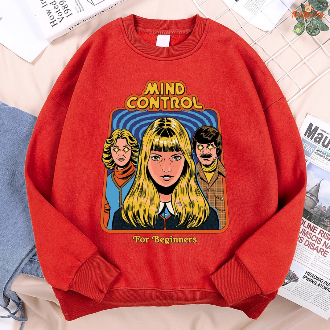 Mind Control Comics Women's Hip Hop Fleece Sweatshirt with cartoon print, loose fit, O-neck, and cozy fleece for autumn and winter streetwear.