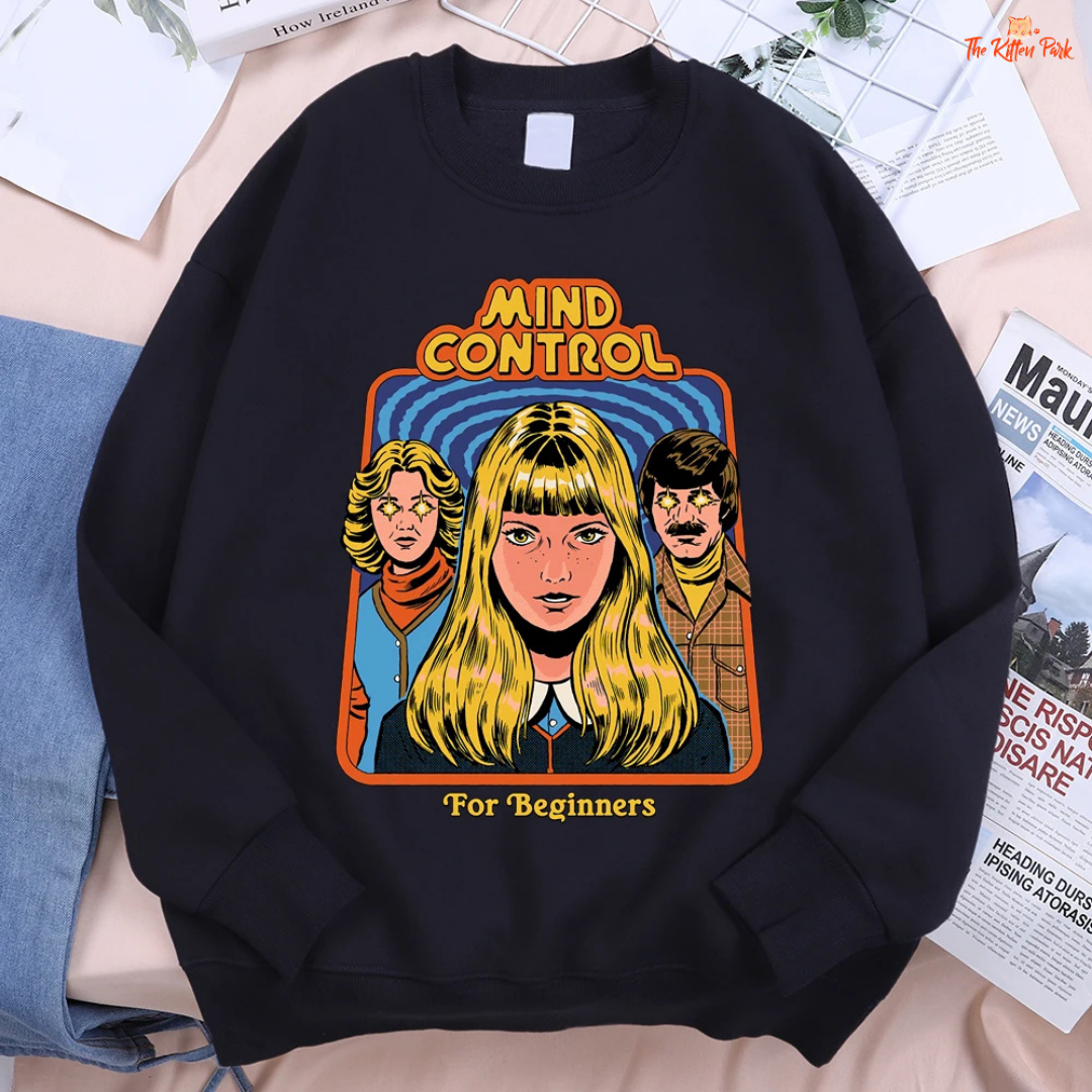 Mind Control Comics Women's Hip Hop Fleece Sweatshirt with cartoon print, loose fit, O-neck, and cozy fleece for autumn and winter streetwear.