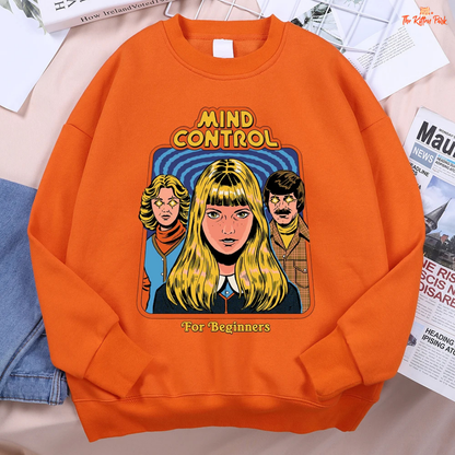 Mind Control Comics Women's Hip Hop Fleece Sweatshirt with cartoon print, loose fit, O-neck, and cozy fleece for autumn and winter streetwear.