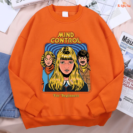 Mind Control Comics Women's Hip Hop Fleece Sweatshirt with cartoon print, loose fit, O-neck, and cozy fleece for autumn and winter streetwear.