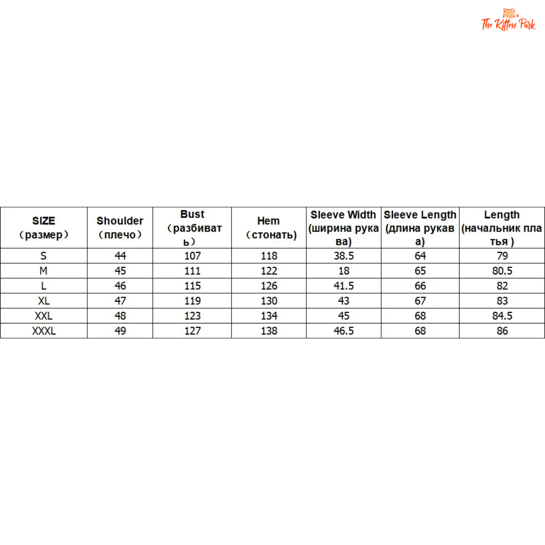 Size chart for clothing with measurements in centimeters
