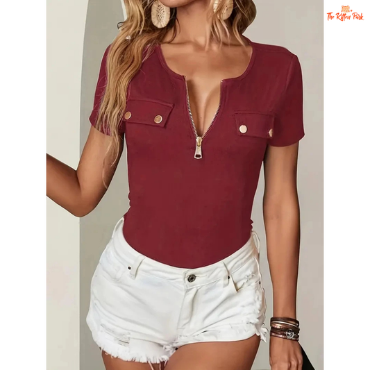 Slim-fit short sleeve red t-shirt for women featuring a front zipper and casual O-neck design, ideal for spring and summer wear.