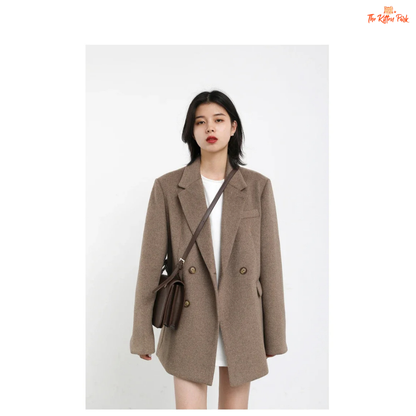 Light coffee wool blend mid-length blazer coat for women with single button closure, office-lady style, and elegant winter outerwear design.