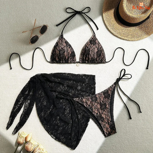 Sexy 3-piece Brazilian bikini set with triangle neckline and contrast lace details, perfect for beach vacations and poolside lounging.